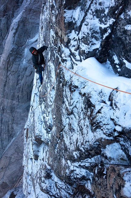 Greenland, Baffin Island - Never thought it possible to free climb in these conditions! Everything slips off while your fingers and the feet get totally numb… This is next level free climbing and it's a lot of fun only if you can wait for the blood to come back. Sean Villanueva following Nicolas Favresse on the first ascent of 