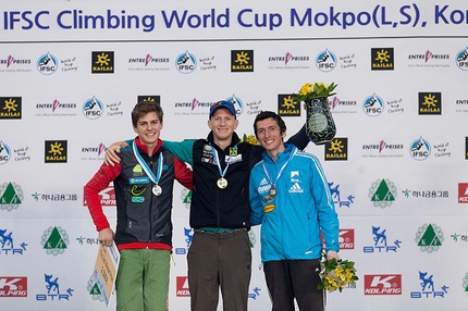 Lead World Cup 2014 - Men's podium at Mokpo, South Korea: Domen Škofic, Jakob Schubert and Romain Desgranges