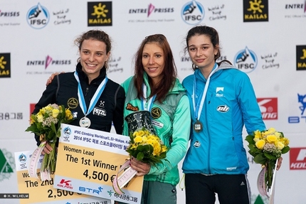 Lead World Cup 2014 - Women's podium at Mokpo, South Korea: Anak Verhoeven, Mina Markovic and Hélène Janicot