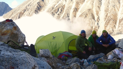 Minya Konka, Sichuan, China - Vittorio Messini, Simon Gietl and Daniel Tavernini at Advanced Base Camp, Little Konka