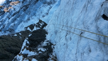 Cima Denti della Vecchia, Val Gerola - Cristian Candiotto during the first ascent of Anitaice (M5, 140m), Cima Denti della Vecchia in Val Gerola, Italy