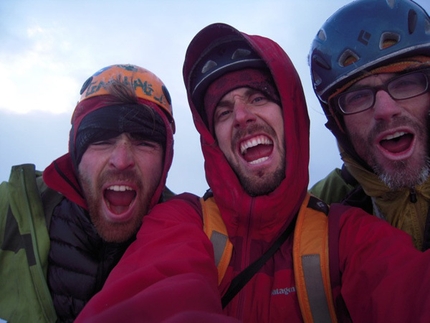 Free South Africa, Torres del Paine - Sean Villanueva, Nicolas Favresse and Ben Ditto on the summit of the Central Tower, Torres del Paine