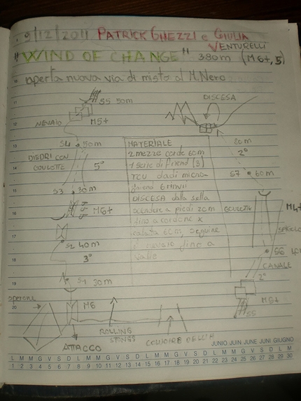 Monte Nero, Presanella - La relazione di Wind of Change  (380m M6+ WI5, Patrick Ghezzi, Giulia Venturelli 2011).
