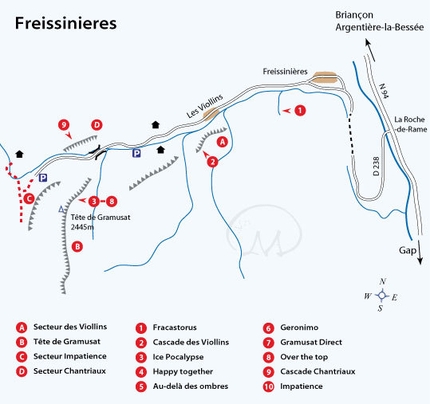 Freissinières - ice climbing Eldorado in France - The map of the icefalls at Freissinières, Ecrins National Park, France