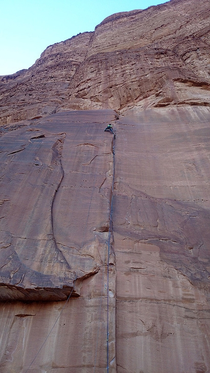 Wadi Rum, Jordan - Jozo Kristoffy and Martin Krasnansky on pitch 1 during the first ascent of Fatal Attraction (8a+, 450m) at Jebel Rum, Wadi Rum, Jordan