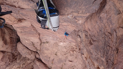 Wadi Rum, Jordan - Jozo Kristoffy and Martin Krasnansky on pitch 3 during the first ascent of Fatal Attraction (8a+, 450m) at Jebel Rum, Wadi Rum