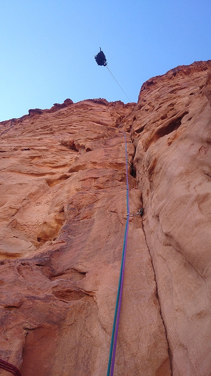Wadi Rum, Jordan - Jozo Kristoffy and Martin Krasnansky on pitch 6 during the first ascent of Fatal Attraction (8a+, 450m) at Jebel Rum, Wadi Rum, Jordan