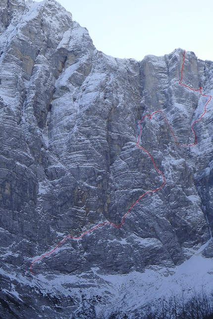 Triglav, Slovenia - Triglav North Face: the line of the routes Prusik - Szalay and Obraz Sfinge climbed by Matevž Mrak and Matevž Vukotic from 23 - 26 December 2014.