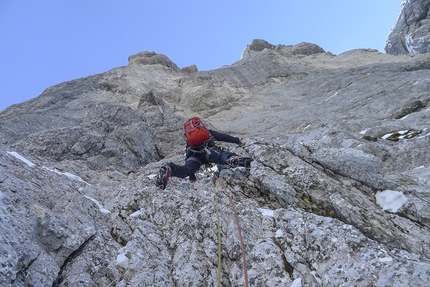 Triglav, Slovenia - Triglav North Face: Matevž Vukotic on the headwall during the winter ascent of the routes Prusik - Szalay and Obraz Sfinge, carried out from 23 - 26 December 2014 together with Matevž Mrak.