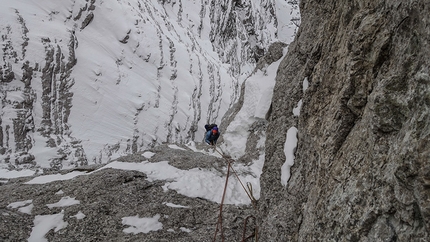 Triglav, Slovenia - Triglav North Face: Matevž Mrak on the snowy pitches during the winter ascent of the routes Prusik - Szalay and Obraz Sfinge, carried out from 23 - 26 December 2014 together with Matevž Vukotic.