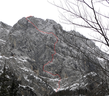 Travnik, Slovenia, Matevz Mrak, Matevz Vukotic e Nejc Marcic - Travnik North Face: the line of the Sveca route, climbed by Matevž Mrak, Matevž Vukotic and Nejc Marčič on 10/01/2015.