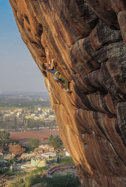 Nicolas Favresse, Badami, India - Nicolas Favresse making his trad ascent of Ganesh at Badami in India