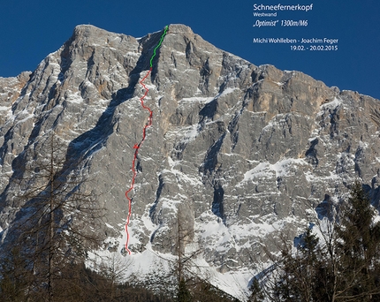 Schneefernerkopf, Michael Wohlleben, Joachim Feger - Michael Wohlleben and Joachim Feger making the first ascent of Optimist (1300m, M6,) Schneefernerkopf, Wetterstein