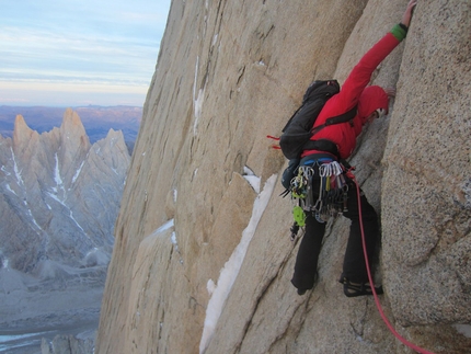 Colin Haley, Alex Honnold, Torre traverse, Patagonia - Alex Honnold starting up the third pitch of Directa de la Mentira, on the north face of Cerro Torre, late in the day