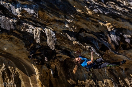 Janja Garnbret, Pandora, Croatia - 15-year-old Slovenian Janja Garnbret climbing her first 8c, Scrat at the crag Pandora in Croatia.