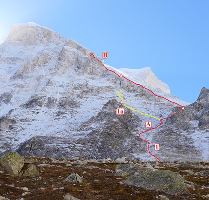 Shivling, Daniela Teixeira, Paulo Roxo - Shivling attempt by Daniela Teixeira and Paulo Roxo.  1.Route of the second attempt (until 6000m). 1a. Route of the first attempt (until 5650m) 2. German route (May 2014). 3.Normal route (Northwest spur). A.'Star Gully'. B.'Cookie rock'