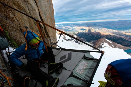 Fitz Roy Ragni route, Patagonia - Portaledge bivy at the end of the 15th pitch, 2015