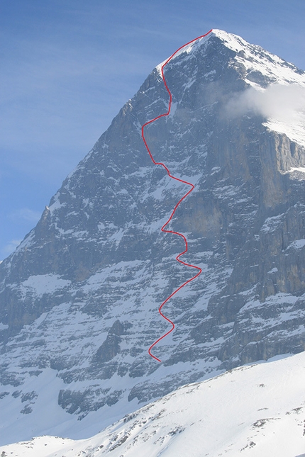 Tom Ballard, Eiger, Starlight and Storm - The North Face of the Eiger and the 1938 Heckmair route, as seen on Thursday 19 March 2015, the day before Tom Ballard soloed the climb to complete his Starlight and Storm project.