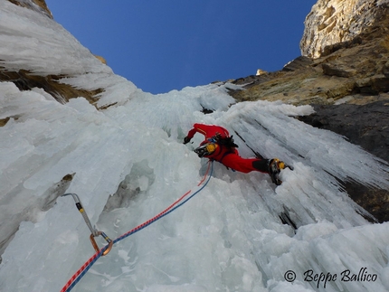 La Piera, Vallunga, Dolomites - Andrea Gamberini climbing pitch 2 of La Piera, Vallunga, Dolomites