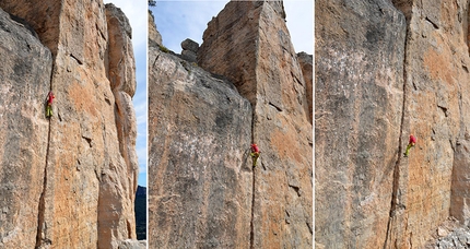 Su Sussiu, Ulassai, Sardinia - Maurizio Oviglia falling on the attempt to make the first ascent, onsight, of  Tai Chi, Su Sussiu, Ulassai, Sardinia