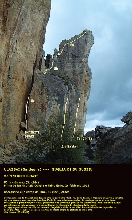 Su Sussiu, Ulassai, Sardinia - La Guglia Su Sussiu, Ulassai, Sardinia with the rock climbs Infiniti Spazi (80m, 6a max (5c obl), Maurizio Oviglia, Fabio Erriu 26/02/2015), Aikido (20m, 6c+ (5.11c), Maurizio Oviglia 03/2015) and Tai Chi (25m, 7a (5.11d), Maurizio Oviglia 03/2015)