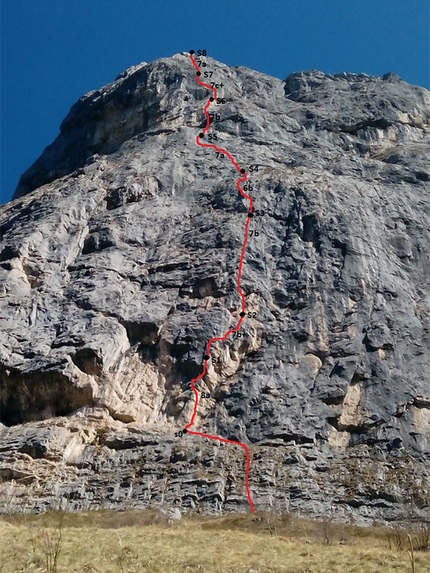 If, Monte Cavallo - The route line of If (300m, 8a max, 7b+ oblig), Monte Cavallo, Lecco, first ascended by Matteo Della Bordella and Eugenio Pesci