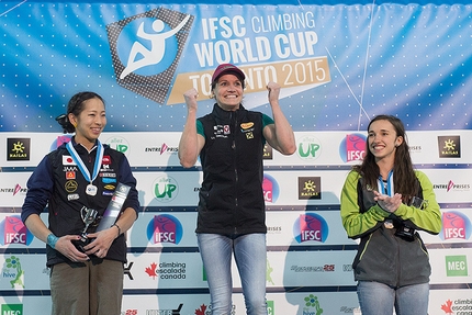 Bouldering World Cup 2015 - Toronto - Female podium of the Bouldering World Cup 2015 at Toronto: Akiyo Noguchi, Anna Stöhr, Juliane Wurm