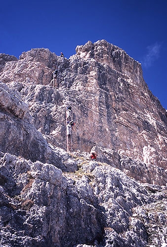 Dolomites: Sella vie ferrate and walks - Piz da Lec - The steep ladder in the upper section of the ferrata