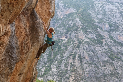 Nifada, Greece, Angela Eiter, Bernie Ruech - Angela Eiter climbing Bergsteigerkante 8b+ at Nifada, Greece.