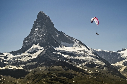 Red Bull X-Alps 2015 - Christian Maurer of Switzerland performs in front of the Matterhorn at the Red Bull X-Alps, Zermatt, Switzerland on July 10 2015.