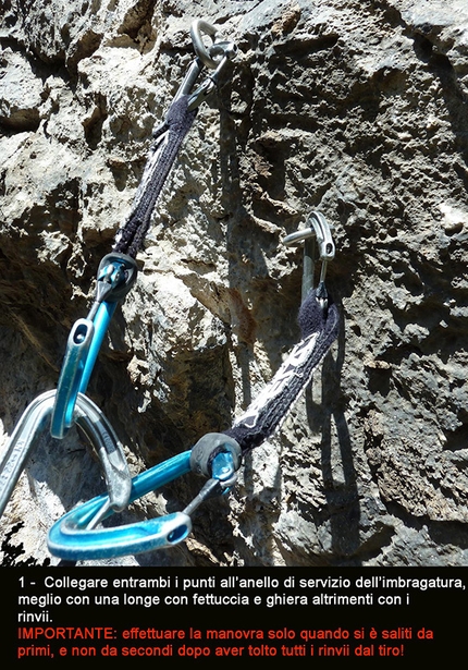 French belays on sea cliffs - French belays: link both anchors to the harness belay loop. Ideally with a daisy chain and screw-lock carabiner, otherwise with quickdraws. IMPORTANT: carry out the rope maneuver only as a leader, not as a second after having removed all quickdraws!