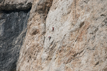 Tom Ballard, Rosengarten, Dolomiti - Tom Ballard and Stefania Pederiva climbing their Scarlet Fever, Rosengarten East Face, Dolomites.