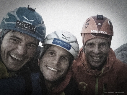Odyssee, Eiger north face, Roger Schaeli, Robert Jasper, Simon Gietl - Simon Gietl, Roger Schaeli and Robert Jasper on the summit of their new route Odyssee (8a+, 1400m) on the Eiger North Face on 11/08/2015