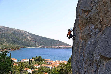 Kyparissi, Greece - Yiannis Torelli climbing Kotsipetros 6b at Kastraki, Kyparissi, Greece