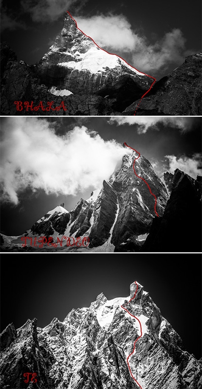 Stephan Siegrist, Thomas Senf, Andreas Abegglen, Himalaya - From top to bottom: Bhala (Spear) 5900m, Tupendeo 5700m and Te 5900m, first climbed by Stephan Siegrist, Dres Abegglen and Thomas in India's Kashmir Himalaya in September and October 2015.