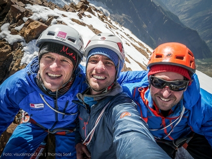 Stephan Siegrist, Thomas Senf, Andreas Abegglen, Himalaya - Stephan Siegrist, Thomas Senf and Dres Abegglen on the summit of Bhala (Spear) 5900m on 13/09/2015.