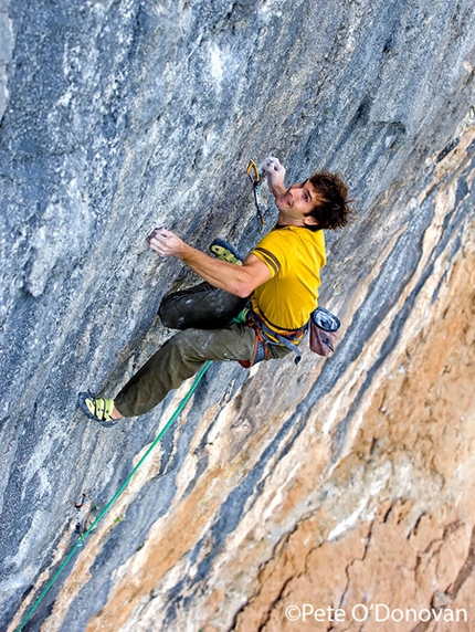 Chris Sharma - Chris Sharma during the first ascent of Pachamama 9a+ at Oliana, Spain.