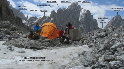 Khane Valley 2015 Italian Karakorum Expedition - Khane Valley: Italian Hc on second Khane Cwm Saws Col, Peak 66, Peak 66.1, Peak 66.2, Peak Ghulam, Peak Fida, Peak 69, Peak 72, Meligo, Bulgarian Col, Grey Tower