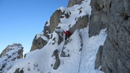 Monte Nero, Cima Bifora, Presanella - On pitch 4 during the first ascent of La farfalla Nera (WI4 M6, 430m Giovanni Ghezzi, Fernando Fusari, Giancarlo Bellotti 31/10/2015 - 01/11/2015)