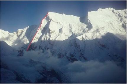 Talung, Himalaya, Nepal, Nikita Balabanov, Mikhail Fomin - The line taken by Urkrainian mountaineers Nikita Balabanov and Mikhail Fomin during the first ascent of the NNW Spur of Talung (7349m), Himalaya, Nepal, from 18 - 25 October 2015