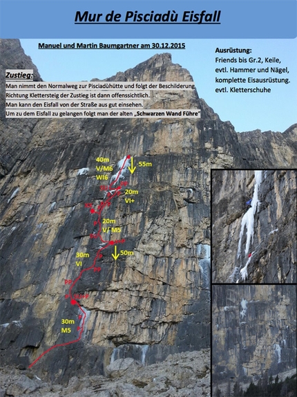 Mur del Pisciadu, Sella, Dolomites - Mur del Pisciadù Eisfall (V+/M6/WI6 Manuel Baumgartner, Martin Baumgärtner 30/12/2015), Sella, Dolomites