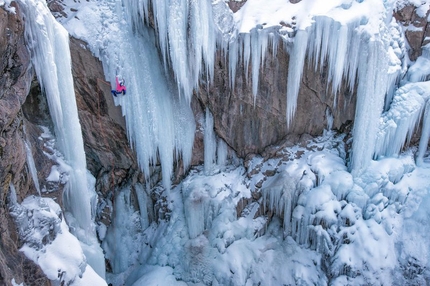 Sasha DiGiulian ice climbing in Colorado