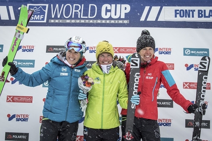Coppa del Mondo di scialpinismo 2016 - Gara Individuale Podio femminile della Coppa del Mondo di scialpinismo 2016 a Font Blanca, Andorra: Claudia Galicia (2), Emelie Forsberg (1),  Laura Orgué Vila (3)