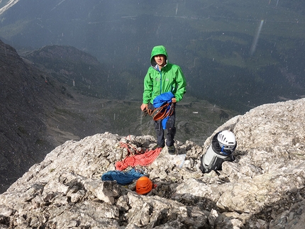 Punta del Pin, Prags Dolomites, Ulrich Viertler, Raffaele Sebastiani - Summer storm on the summit of Punta del Pin