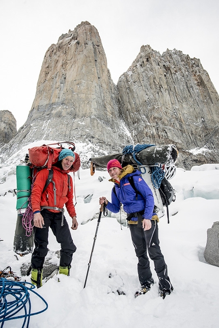 Riders on the Storm, Torres del Paine, Patagonia, Ines Papert, Mayan Smith-Gobat, Thomas Senf - Ines Papert and Mayan Smith-Gobat descending after they have climbed the route Riders on the Storm in Torres del Paine, Patagonia.
