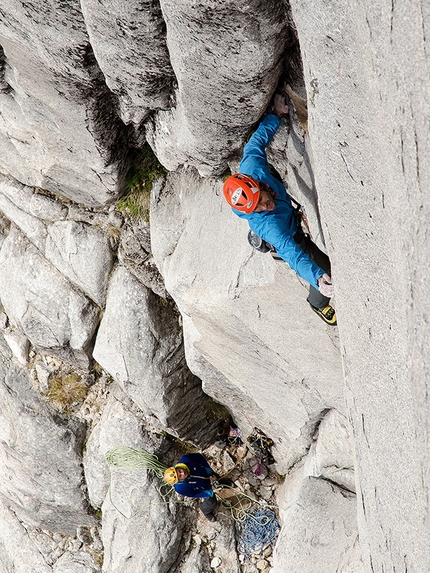 Cerro Trinidad Central, Cochamo valley, Patagonia, Chile, Josef Kristoffy, Martin Krasnansky, Vlado Linek - Jozef Kristoffy climbing the crux 14th pitch, graded UIAA 10, during the first ascent of El Condor Pasa (8b, 700m), Cerro Trinidad Central, Cochamo valley, Patagonia, Chile.