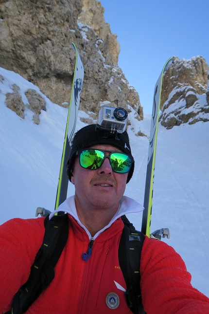 Extreme skiing, Hermann Comploj, Langkofeleck, Dolomites - 1957 born Italian mountain guide Hermann Comploj on 20/03/2016 during the first ski descent of the SW Face of Langkofeleck 3081m in the Dolomites