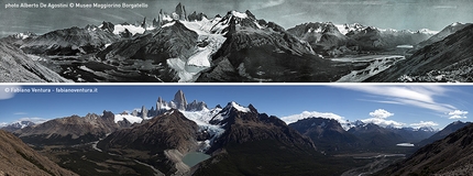 Sulle Tracce dei Ghiacciai - Ande 2016, Patagonia - La panoramica di De Agostini che ritrae l'intera skyline del Fitz Roy da una posizione frontale, confrontata con la foto scattata da Fabiano Ventura