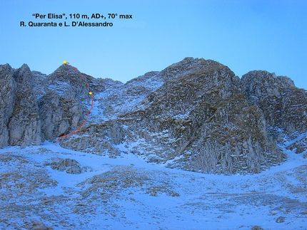 Alpinismo: Monte Gallinola - Per Elisa, Monte Gallinola (Riccardo Quaranta e Laura D’Alessandro il 28/1/2016. AD+, 110 m circa, 60-70° max, M3+)