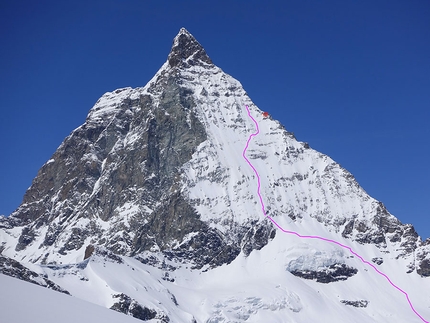 Matterhorn East Face ski descent - The line of descent taken by Giulia Monego, Liv Sansoz, Lorraine Huber and Melissa Presslaber down the East Face of the Matterhorn